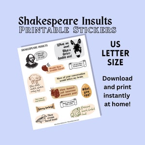 Hoja de pegatinas con insultos de Shakespeare: pegatinas imprimibles en tamaño carta de EE. UU. Pegatinas literarias divertidas Paquete de pegatinas para lectores de libros para él, ella, niños y adultos