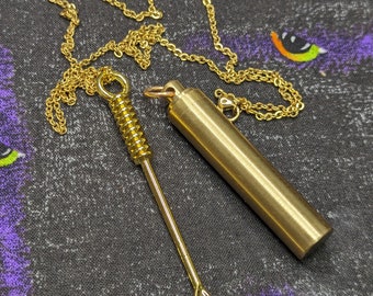 Gold Toned Spoon Pendant w/ Matching 22" Chain & Large Brass Jar