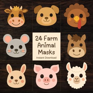 May include: A collection of 24 farm animal masks, including a cow, dog, turkey, mouse, horse, rabbit, pig, and llama. The masks are colorful and cartoon-like, with a smiling expression. The text "24 Farm Animal Masks Instant Download" is in the center.