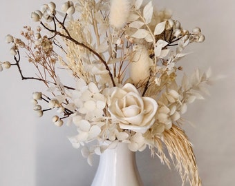 Dried Flowers Neutral and White Arrangement, Airy Dry Real Floral Bouquet, Ceramic Bud Vase Decor, Home and Living, Boho Wedding Decor,