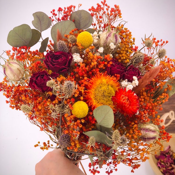 Bouquet de fleurs séchées automne, composition d'automne pour la fête des amis, décoration d'automne pour les fêtes de fin d'année, fleurs éternelles, composition d'action de grâces