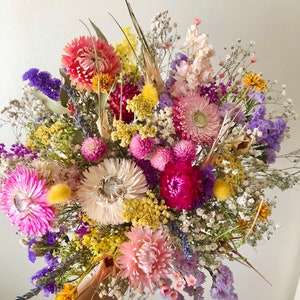 Dried Colorful Flower Bouquet, Dry Floral Arrangement, Beautiful Handmade Everlasting Field Flowers Gift, Purple, Pink, Yellow, Lavender,