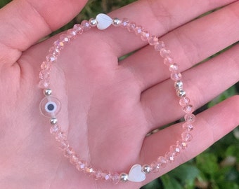 baby pink, pearl heart evil eye beaded bracelet