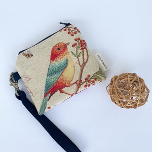 Porta-moedas pequeno de pulso, Porta-moedas bege com estampa de pássaros, Porta-moedas vintage com fecho, Porta-moedas minúsculo, Porta-cartões, Carteira com alça.