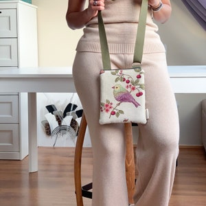 Splendida borsa a tracolla beige fatta a mano - Piccolo tessuto arazzo con stampa di uccelli - Perfetto accessorio di moda da donna