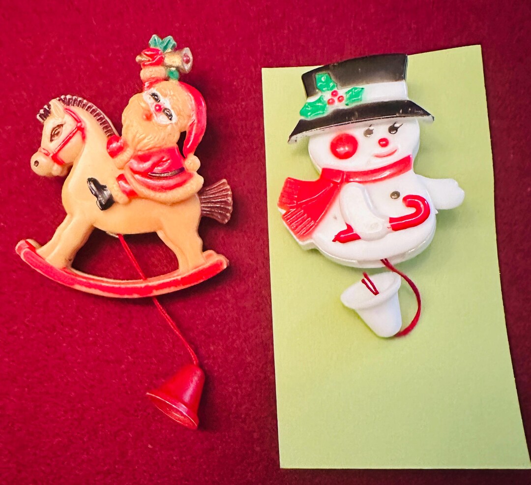 Vintage Santa Rocking Horse or Snowman Brooch: Pull String Jewelry - Etsy