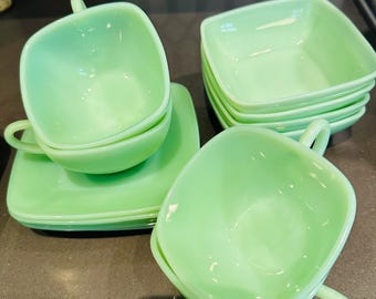 Vintage jadeite Fire King Anchor Hocking Charm berry fruit dessert bowls c handled cups saucers green