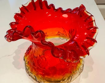 Vintage Kanawha Amberina ruffle top vase with grape leaf relief decorative glass decor