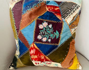 Vintage quilt pillow crazy quilt embroidery stitching 16” square textile