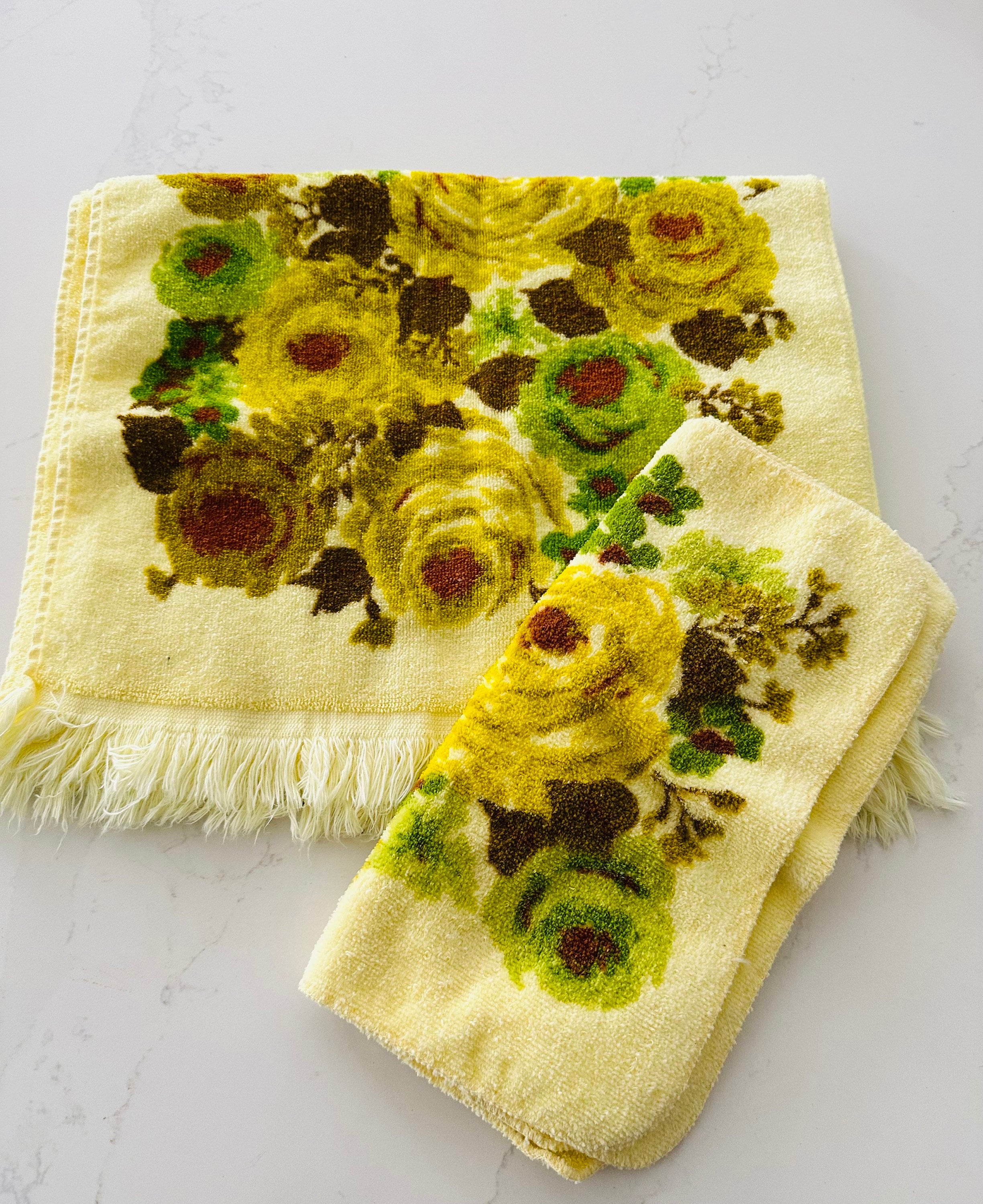 Vintage Bath Hand Towels Wash Cloths Avocado Greens Yellow Moss Fashion Manor JCP Etsy