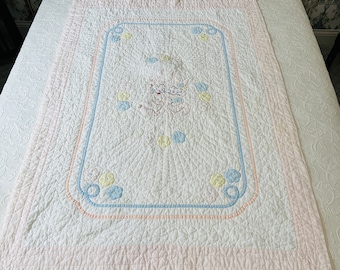 Antique vintage Baby quilt bunnies appliqué pink blue crib quilt