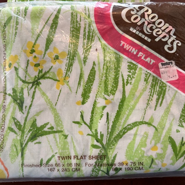 Vintage twin flat sheets NOS NIP by Bibb spring meadow grass butterflies bedding