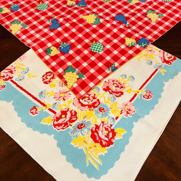 Vintage tablecloths floral red check square  card table accent