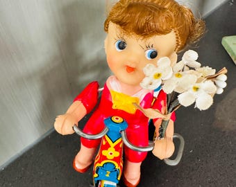 Vintage Celluloid Girl on Tricycle Wind-Up Toy