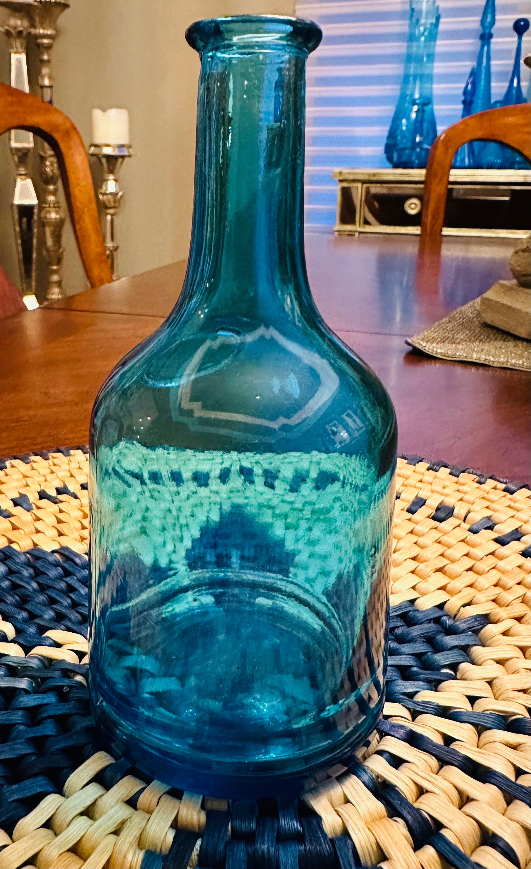Vintage blue glass bottle Japan 5.25” h