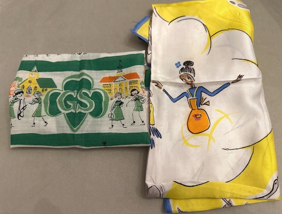 Vintage Girl Scout Hanky or Large cartoon style scarf yellow blues vintage clothing