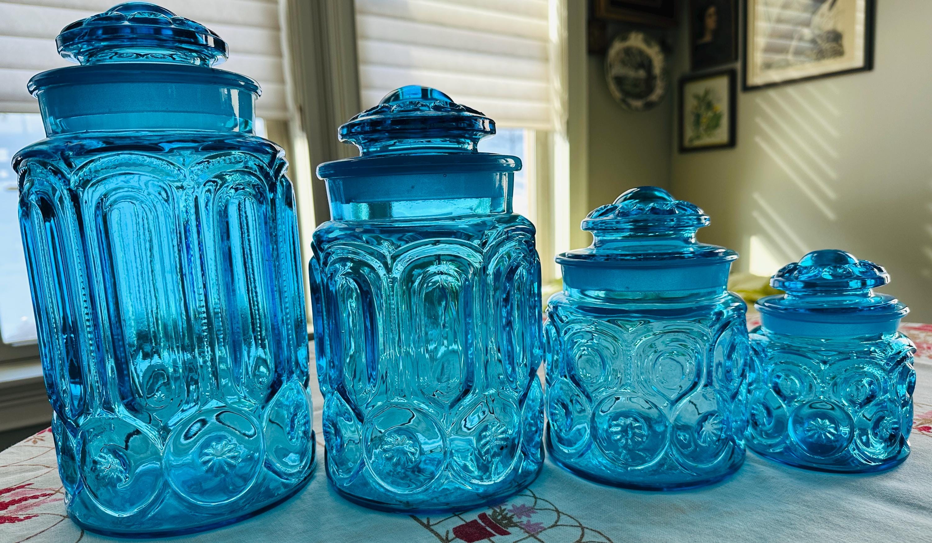 Vintage LE Smith Blue Moon & Stars Glass Canister Containers