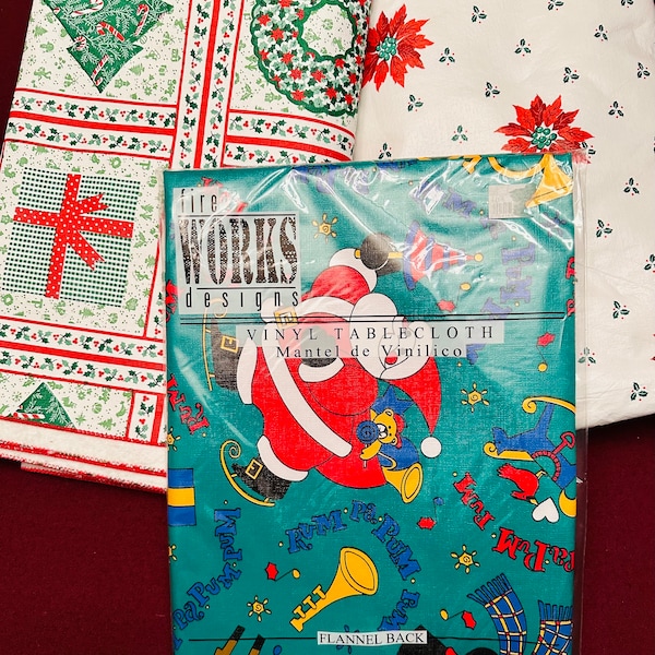 Vintage Christmas tablecloths Holiday vinyl flannel backed wipeable tablecloth rectangular table covering party prints