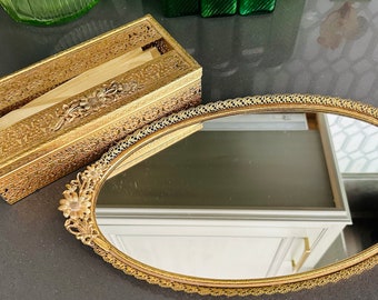 Vintage dresser mirror & Kleenex tissue box Hollywood Regency MCM gold cut metal lace  home decor