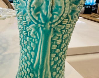 Vintage McCoy green blue round bulb planter Nelson basket weave vase rectangular planter