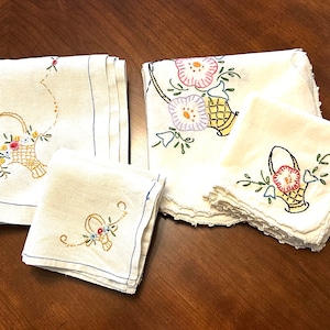Vintage Embroidered Linen Card Tablecloth Sets: Floral Basket Napkins