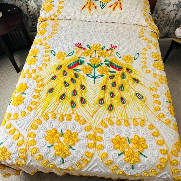 Vintage chenille peacock bedspread bed cover Boho Orange yellow Full size