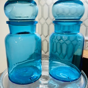 Vintage glass apothecary jar blue Belgium containers MCM