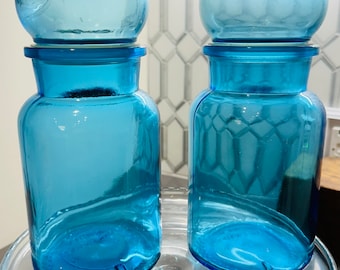 Vintage glass apothecary jar blue Belgium containers MCM