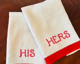 Vintage His Hers hand towel guest towel linen cotton embroidered  decorative