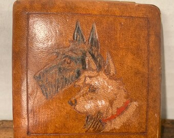 Antique ladies leather powder compact makeup terrier dog purse