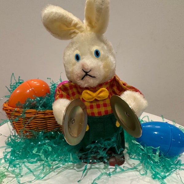 Vintage Easter Bunny wind up toy with cymbals child’s toy plush