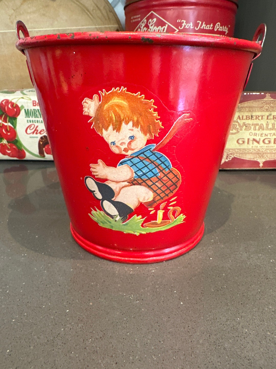 Vintage Childs Red Sand Bucket Outdoor Play Sand Dirt Jack Jumping Over