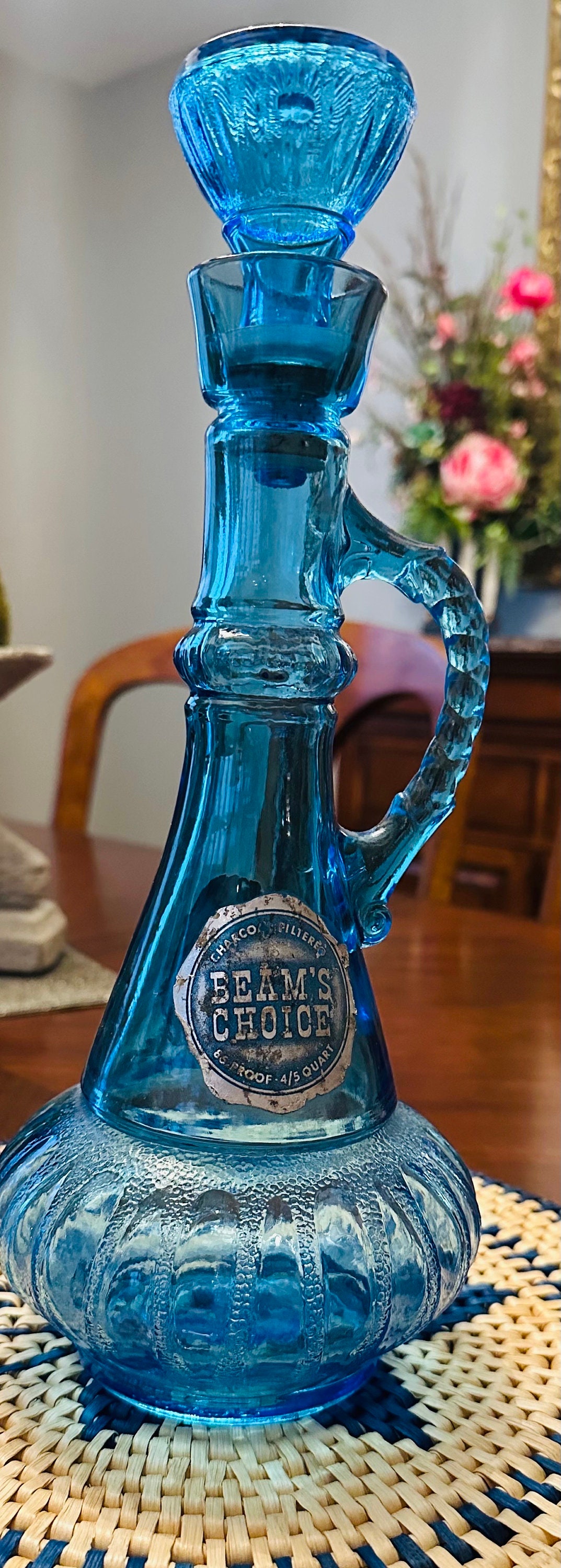 Vintage Jim Beam Decanter Blue Glass Liquor Bottle With Stopper