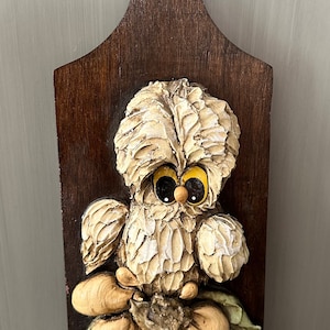 May include: Wooden wall hanging featuring a carved owl with large yellow eyes and a textured, off-white body. The owl is perched above a cluster of beige fruit and green leaves, all set against a dark brown wooden background.