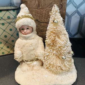 Vintage Bethany Lowe Designs old world primitive soft sculpture girl with brush tree Christmas decor collections