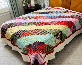 Vintage log cabin quilt bedspread coverlet 90x100