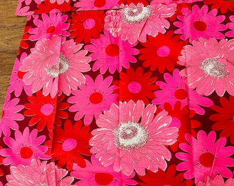 Vintage pink red flower power  curtain panels floral print recycle upcycle fabric window treatment
