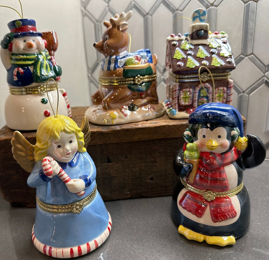 Mr Christmas Music Box Hinged Porcelain Ornaments Snowman Gingerbread House Penguin Angel