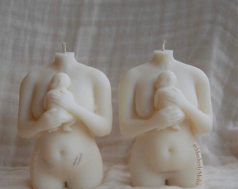 The New Mother Candle, C-Section Scar or Stretch Marks. Postpartum body, mother and baby candle.