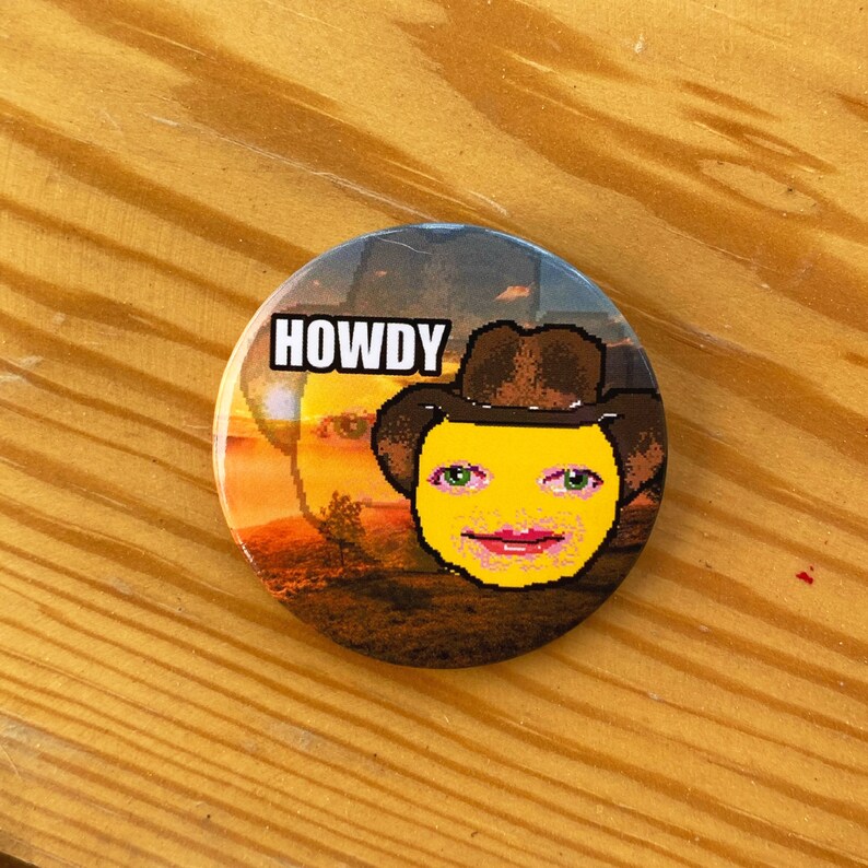 Pixel Howdy Cowboy Crying Emoji Meme Button Pin 