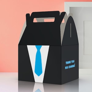 May include: A black favor box with a white collar and blue tie design. The box has a handle on the top and says "Thank You For Coming!" on the side.