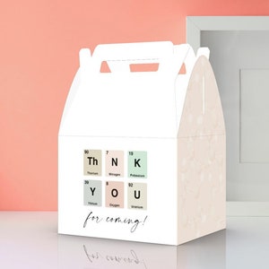 May include: White favor box with a handle. The front of the box has a design of colorful squares with the letters "THANK YOU" spelled out using the chemical symbols for the elements. The text "for coming!" is written below the squares.