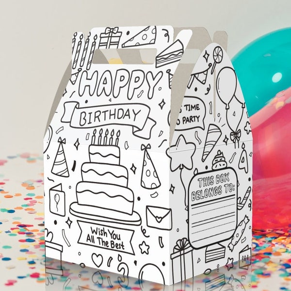 Happy Birthday, Coloring, Doodle, Color Me, Doodle Box, Party favor box