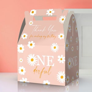 May include: Pink favor box with a white daisy pattern and the text "Thank You for making my birthday ONEderful".
