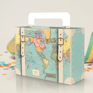 May include: A vintage-style cardboard suitcase gift box with a world map design. The box has a handle and is labeled "First Class" and "Fragile".