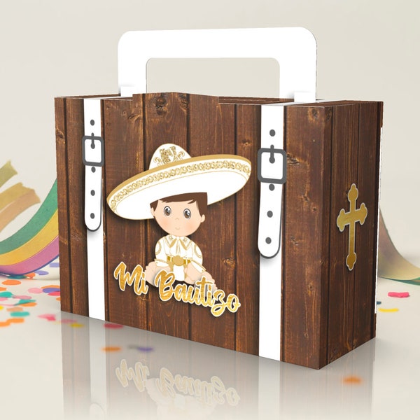 CHARRO, Mi Bautizo, Boy, Girl, Dark Wood, Suitcase, Luggage, Birthday Favor Box