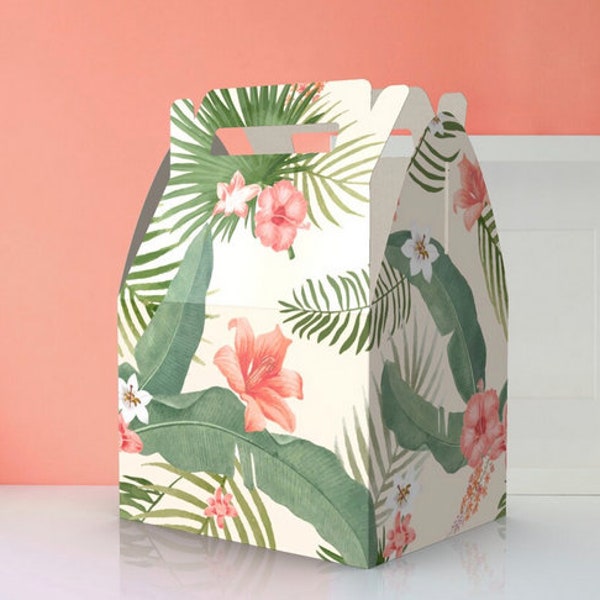 Hibiscus, Pastel Hibiscus,Palm Trees, Aloha, Greenery, Jungle, Hawaiian, Tropical, Baby shower, Wedding, 1st Birthday favor box