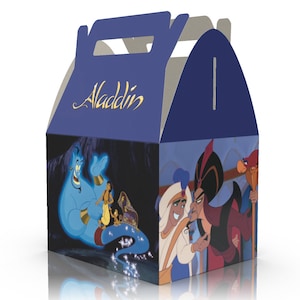 May include: A blue and gold party favor box with a handle. The box features images of characters from the Disney movie Aladdin, including Genie, Aladdin, and Jafar. The box has the word "Aladdin" printed on the top in gold lettering.
