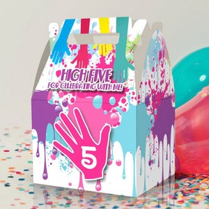 May include: A white favor box with a colorful paint splatter design. The box has a handle and says "High Five! For Celebrating With Me!" with a pink hand with the number 5 on it.
