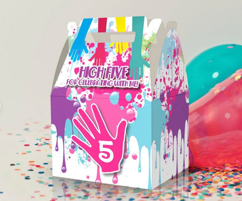 HIGH 5, 5th Birthday, Birthday, Colorful, Splatter, Paint, HIgh Fives, Fifth Birthday Favor Box Girl